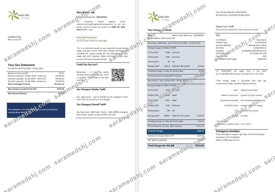 United Kingdom Green Star Energy energy business utility bill Word and PDF formats, 3 pages
